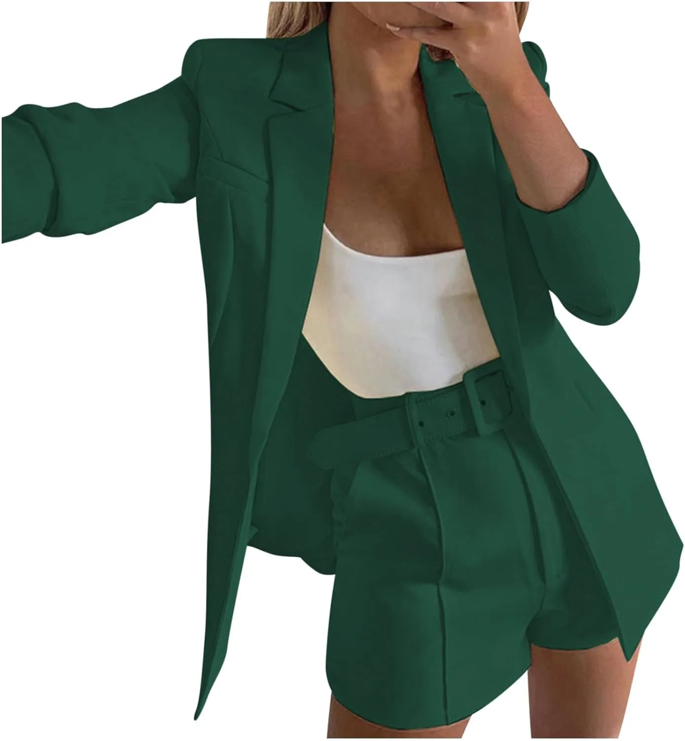 Women's Business Suits with Belt Long Sleeve Blazer Jacket and High Waisted Shorts 2 Pieces Outfits Shorts Set