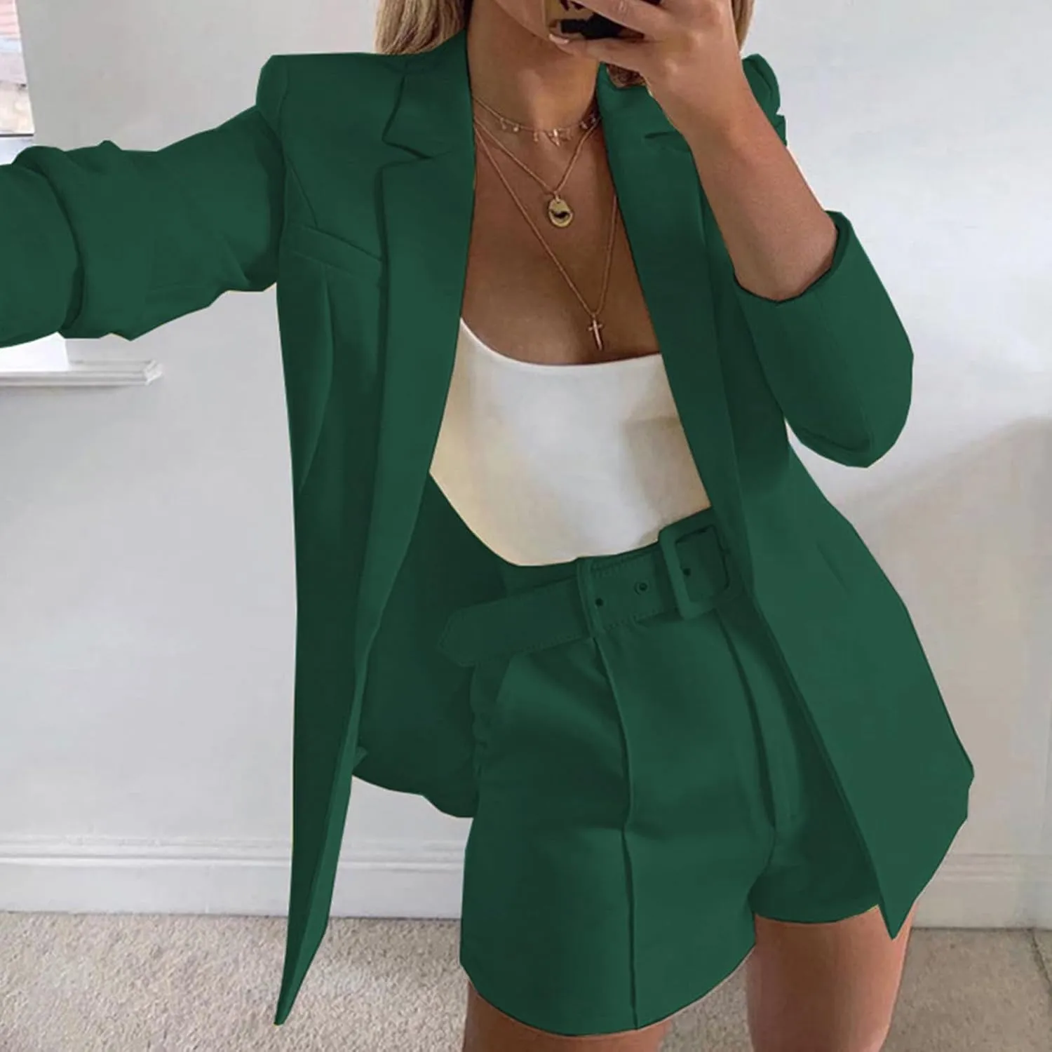 Women's Business Suits with Belt Long Sleeve Blazer Jacket and High Waisted Shorts 2 Pieces Outfits Shorts Set