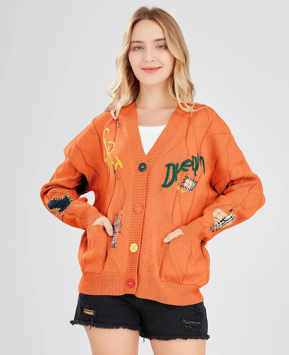 Women's Cable Knit Long Sleeve Open Front Cardigan Sheep V-Neck Button Down Embroidery Wool Blend Sweater Coat Outwear