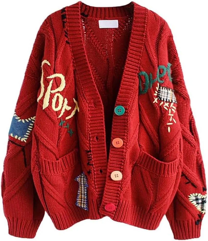 Women's Cable Knit Open Front Cardigan V-Neck Button Down Embroidery Wool Blend Sweater Coat