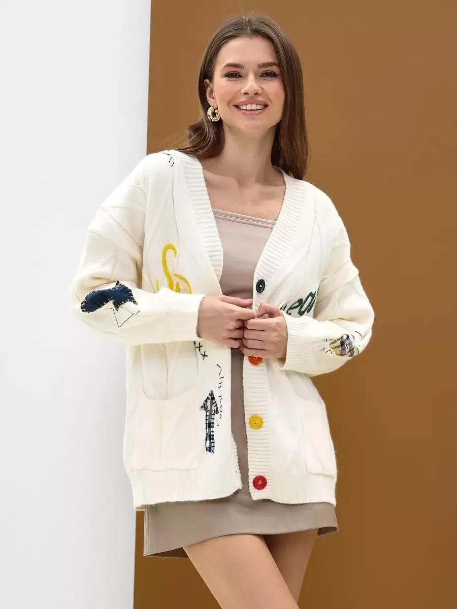 Women's Cable Knit Open Front Cardigan V-Neck Button Down Embroidery Wool Blend Sweater Coat