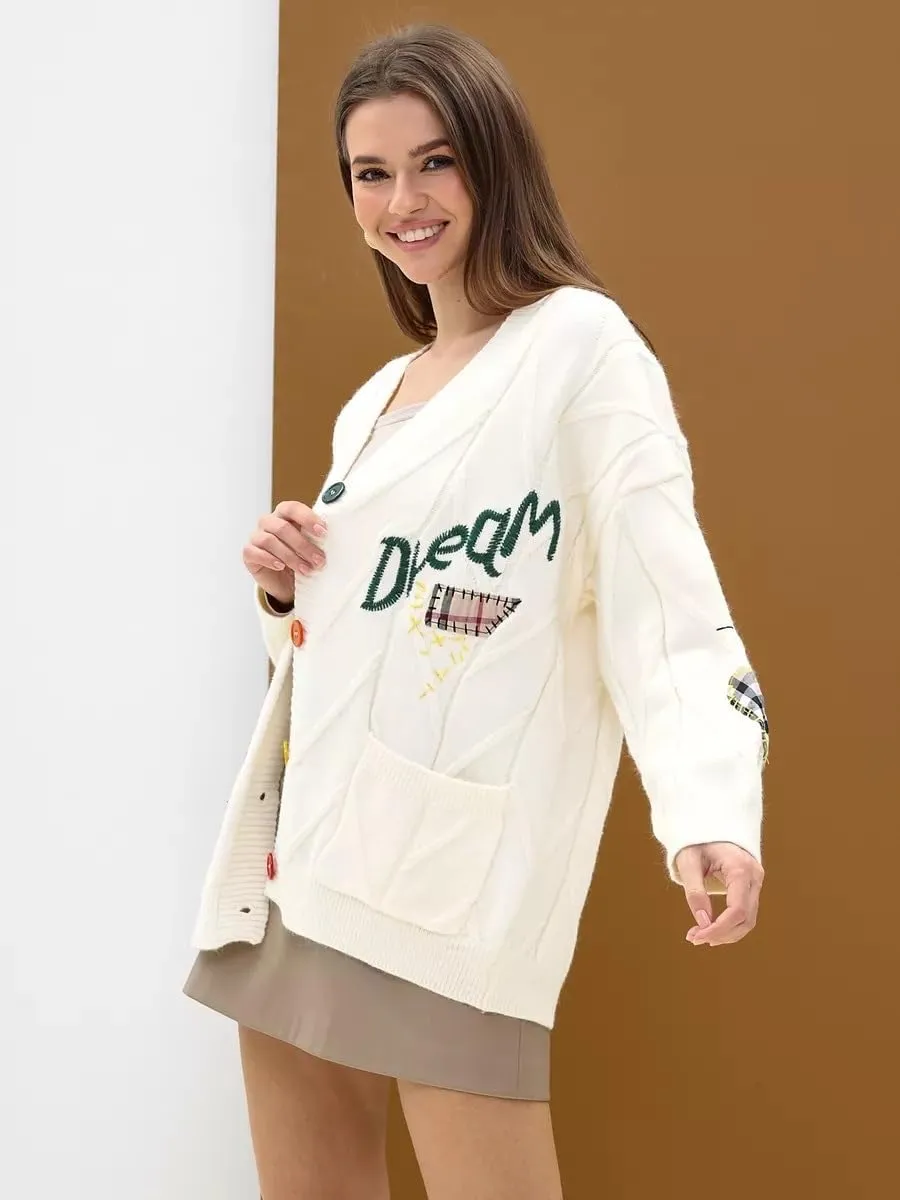 Women's Cable Knit Open Front Cardigan V-Neck Button Down Embroidery Wool Blend Sweater Coat
