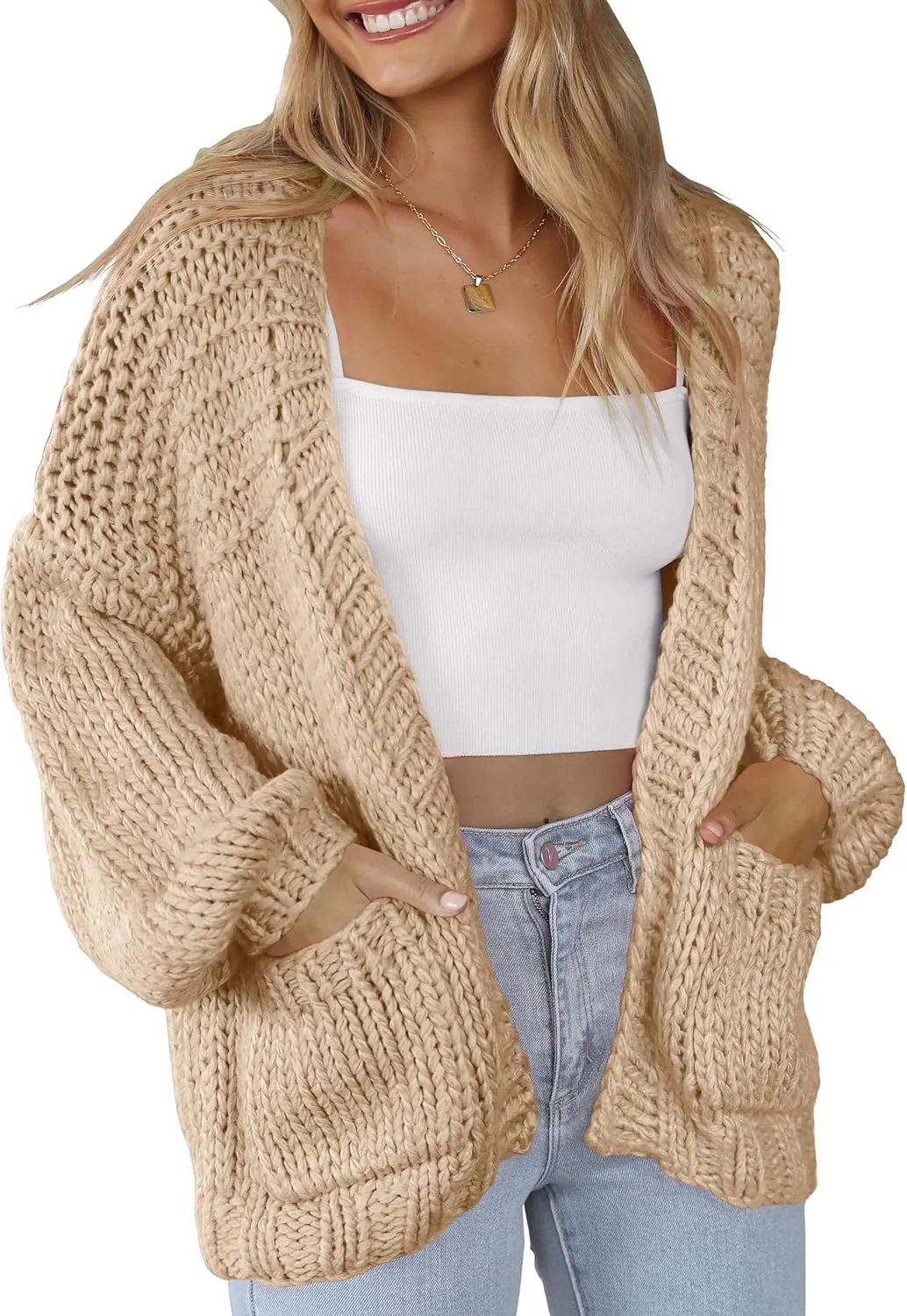 Women's Cardigan Soft Pocketed Long Sleeves Casual Knitted Open Front Cardigans Lightweight Sweaters