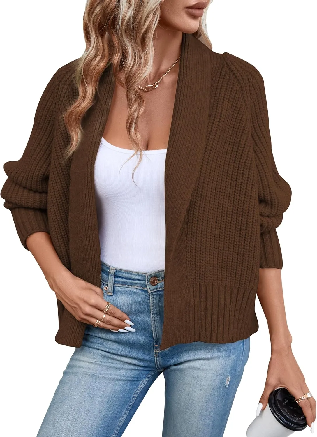 Women's Cardigan Sweaters Fall Winter Open Front Batwing Long Sleeve Shawl Neck Chunky Knit Loose Outwear Coats