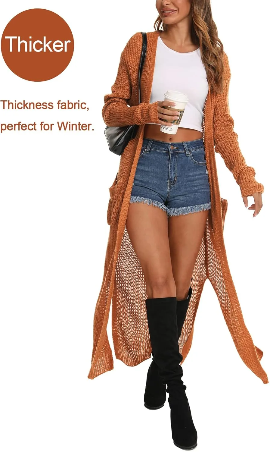 Womens Casual Long Sleeve Split Open Cardigan Knit Long Cardigan Sweaters with Pockets Fall Fashion 2024