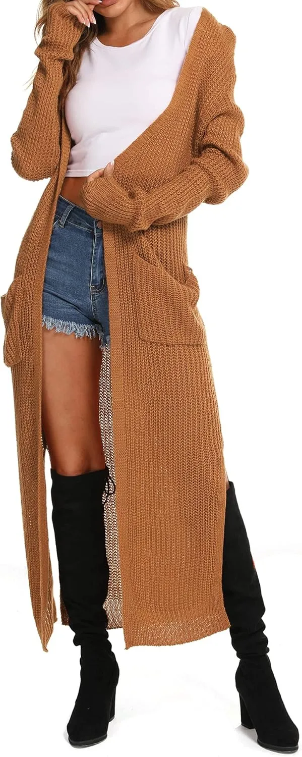 Womens Casual Long Sleeve Split Open Cardigan Knit Long Cardigan Sweaters with Pockets Fall Fashion 2024