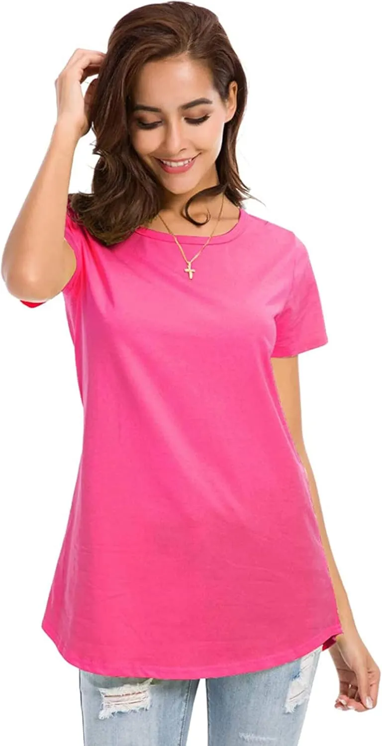 Women's Cotton Fitted Long Length T Shirts Short Sleeve Basic Comfy Tunic Tee Tops