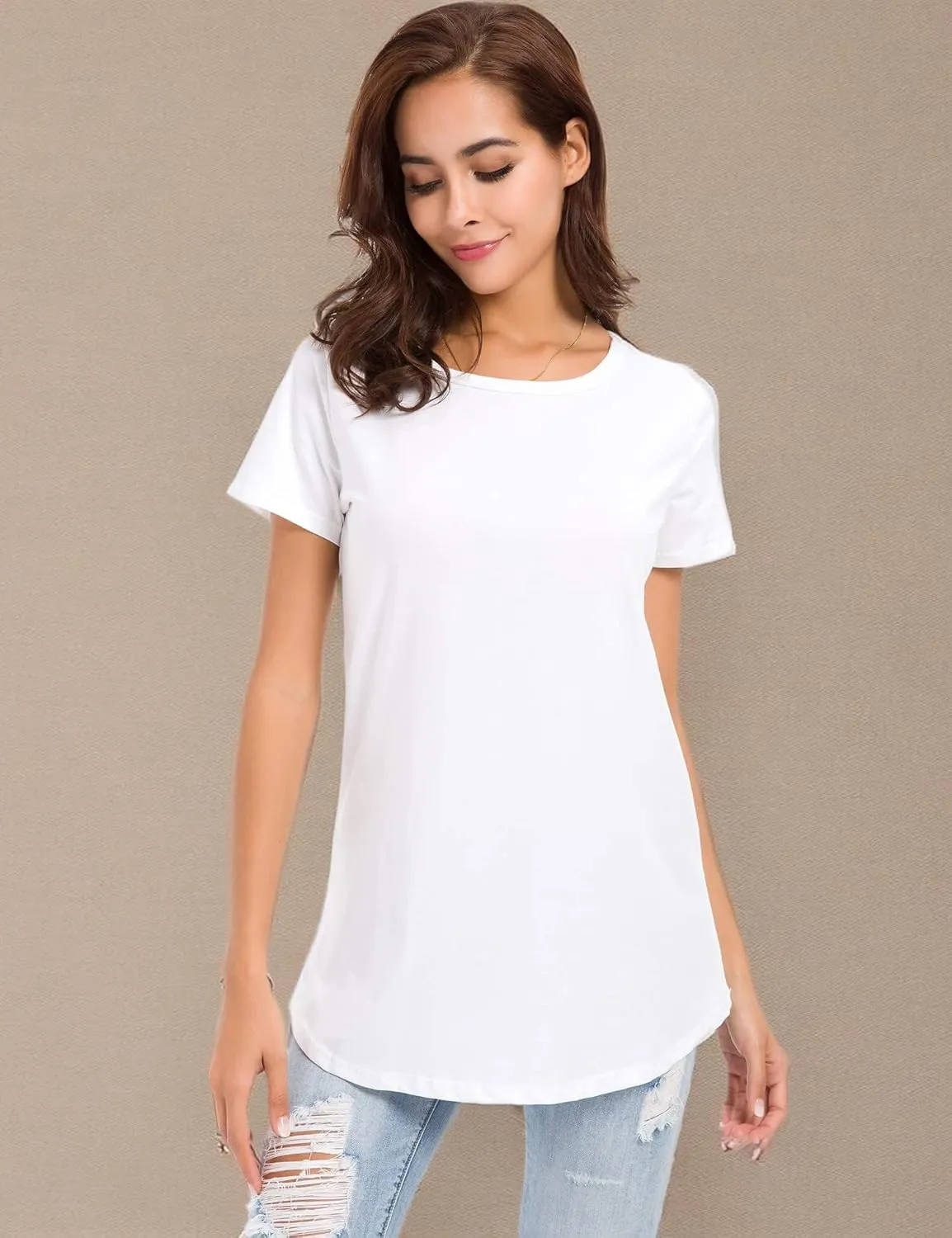 Women's Cotton Fitted Long Length T Shirts Short Sleeve Basic Comfy Tunic Tee Tops