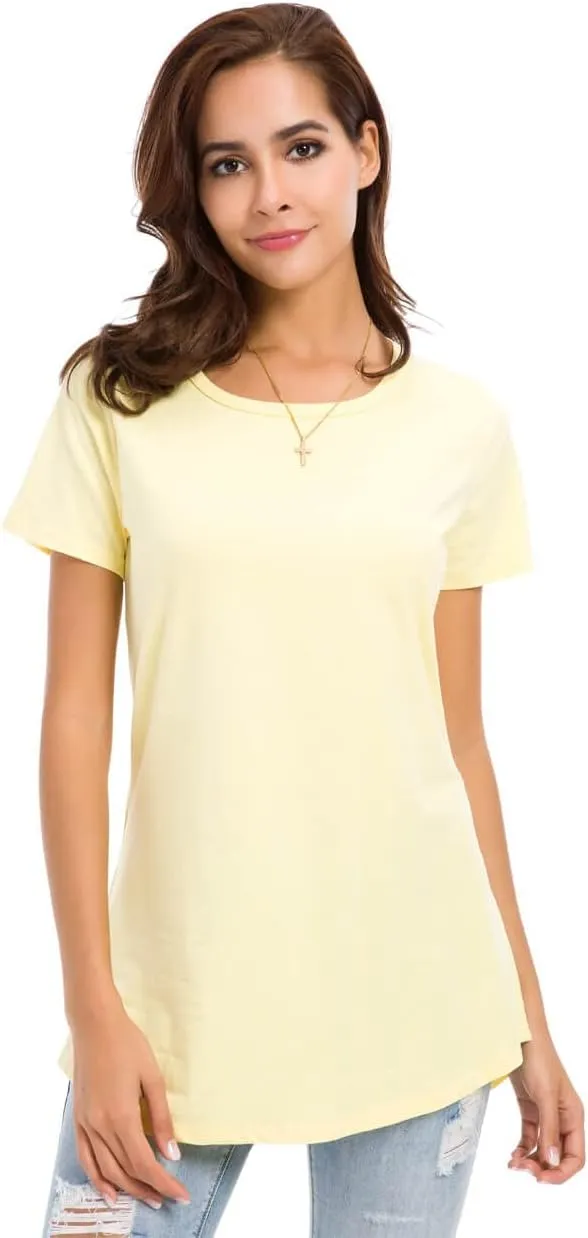 Women's Cotton Fitted Long Length T Shirts Short Sleeve Basic Comfy Tunic Tee Tops