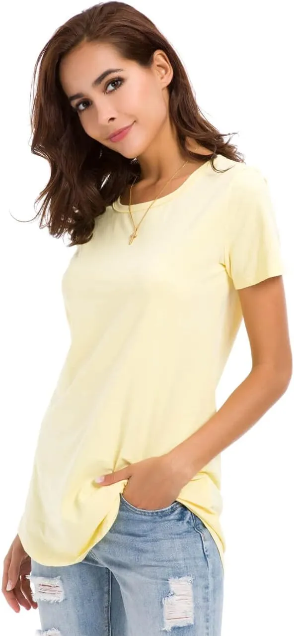 Women's Cotton Fitted Long Length T Shirts Short Sleeve Basic Comfy Tunic Tee Tops