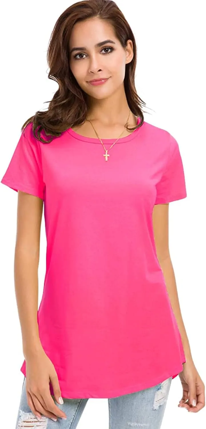Women's Cotton Fitted Long Length T Shirts Short Sleeve Basic Comfy Tunic Tee Tops