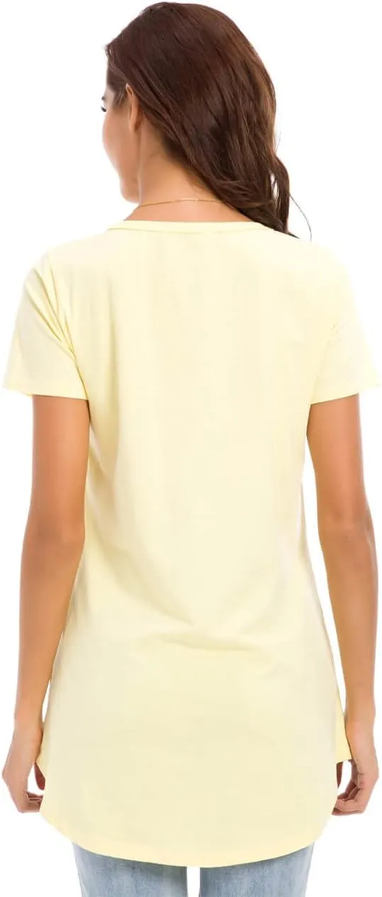 Women's Cotton Fitted Long Length T Shirts Short Sleeve Basic Comfy Tunic Tee Tops