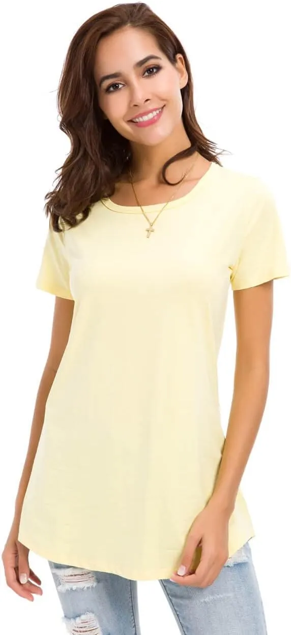 Women's Cotton Fitted Long Length T Shirts Short Sleeve Basic Comfy Tunic Tee Tops