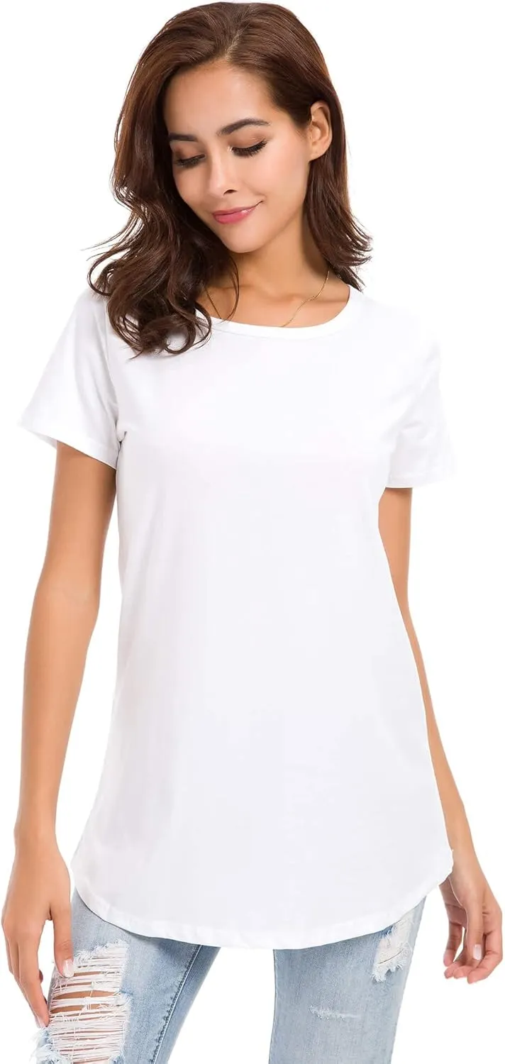 Women's Cotton Fitted Long Length T Shirts Short Sleeve Basic Comfy Tunic Tee Tops