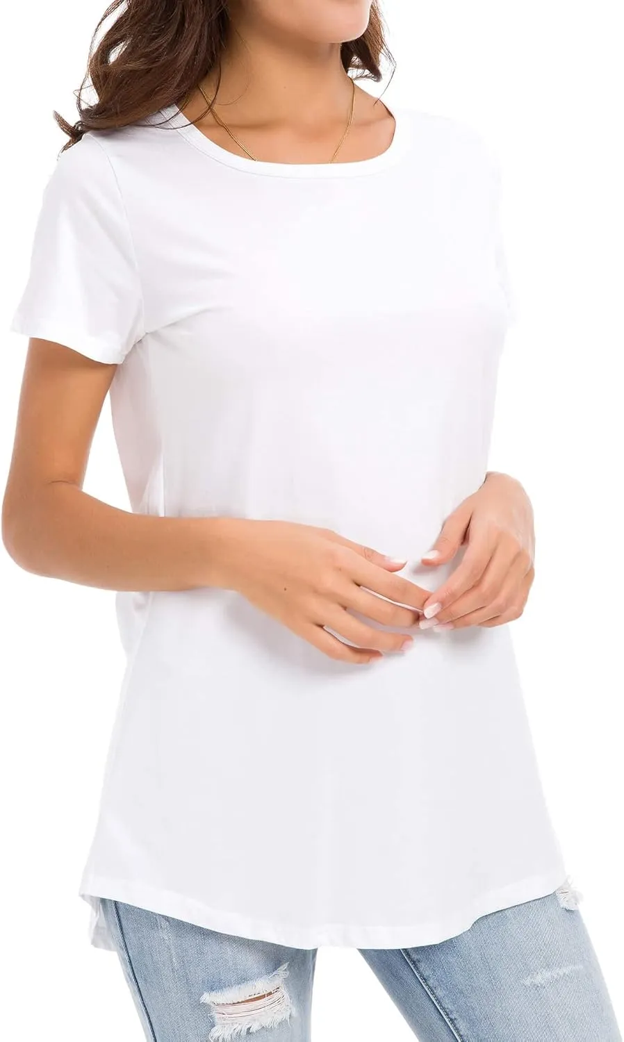 Women's Cotton Fitted Long Length T Shirts Short Sleeve Basic Comfy Tunic Tee Tops