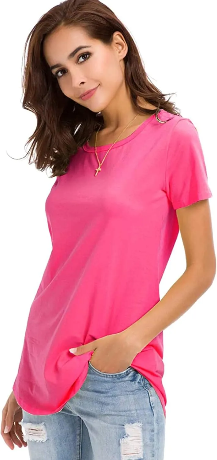 Women's Cotton Fitted Long Length T Shirts Short Sleeve Basic Comfy Tunic Tee Tops