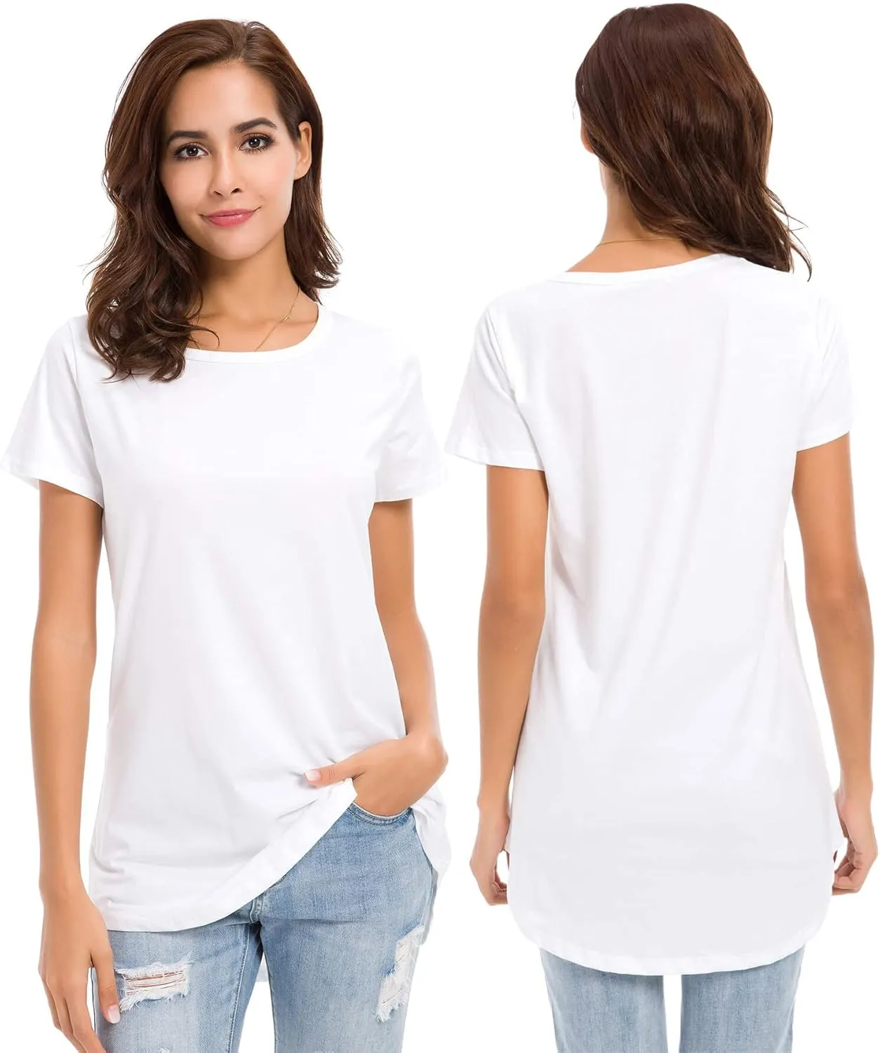 Women's Cotton Fitted Long Length T Shirts Short Sleeve Basic Comfy Tunic Tee Tops