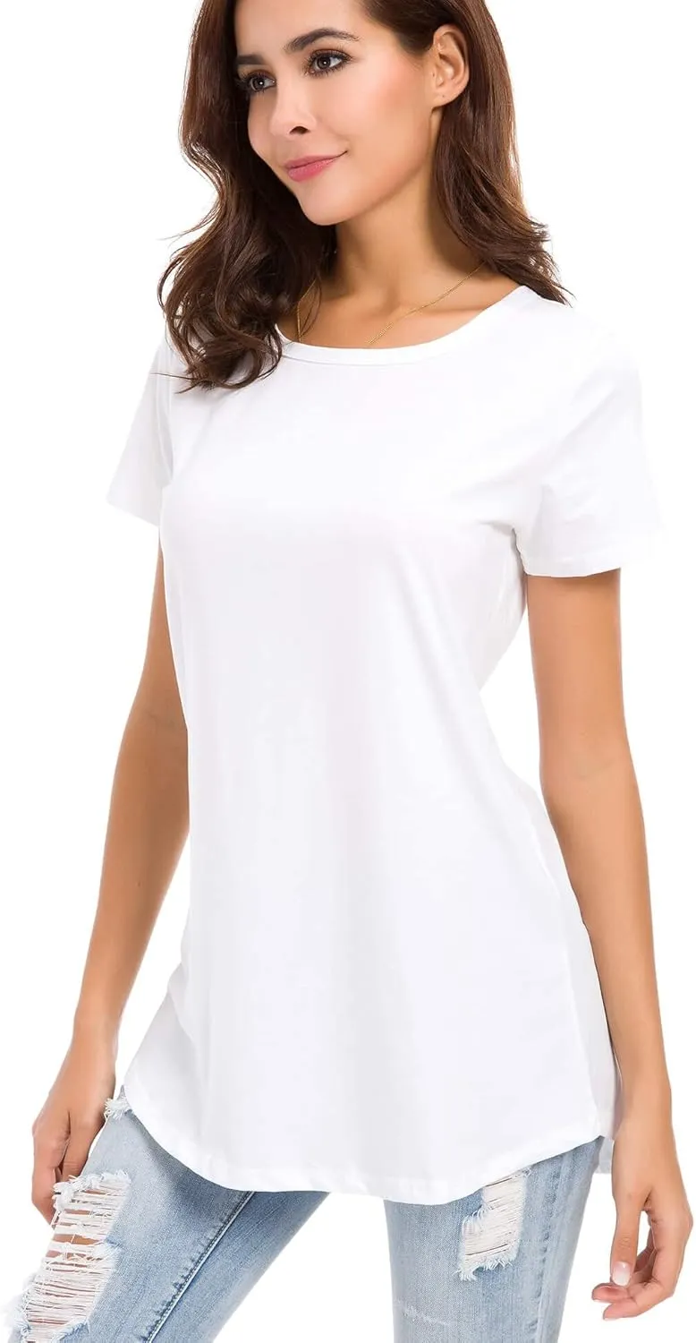 Women's Cotton Fitted Long Length T Shirts Short Sleeve Basic Comfy Tunic Tee Tops