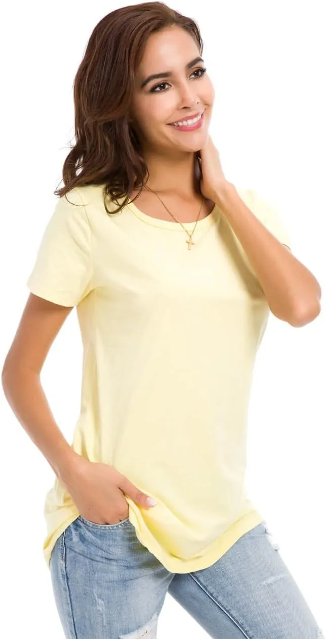 Women's Cotton Fitted Long Length T Shirts Short Sleeve Basic Comfy Tunic Tee Tops