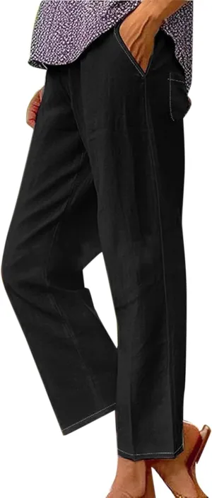Womens Cotton Linen Buttons Waist Pant Casual Straight Leg Long Trousers Summer Lightweight Loose Pants