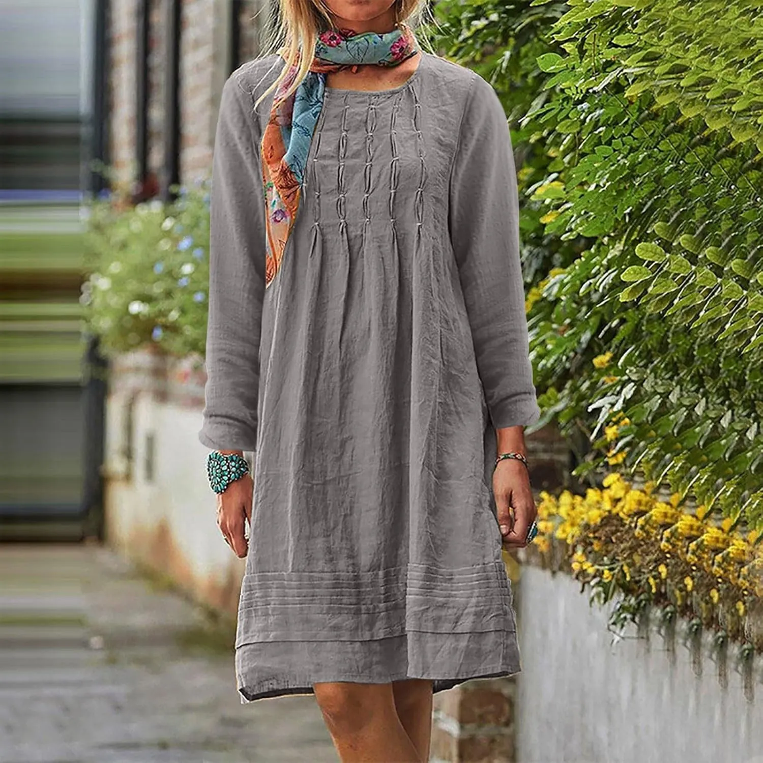 Womens Cotton Linen Dresses Spring Plain Long Sleeve Knee-Length Dress Boho Plus Size Ruched Loose Fit Midi Sundress