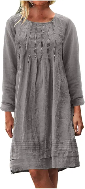 Womens Cotton Linen Dresses Spring Plain Long Sleeve Knee-Length Dress Boho Plus Size Ruched Loose Fit Midi Sundress