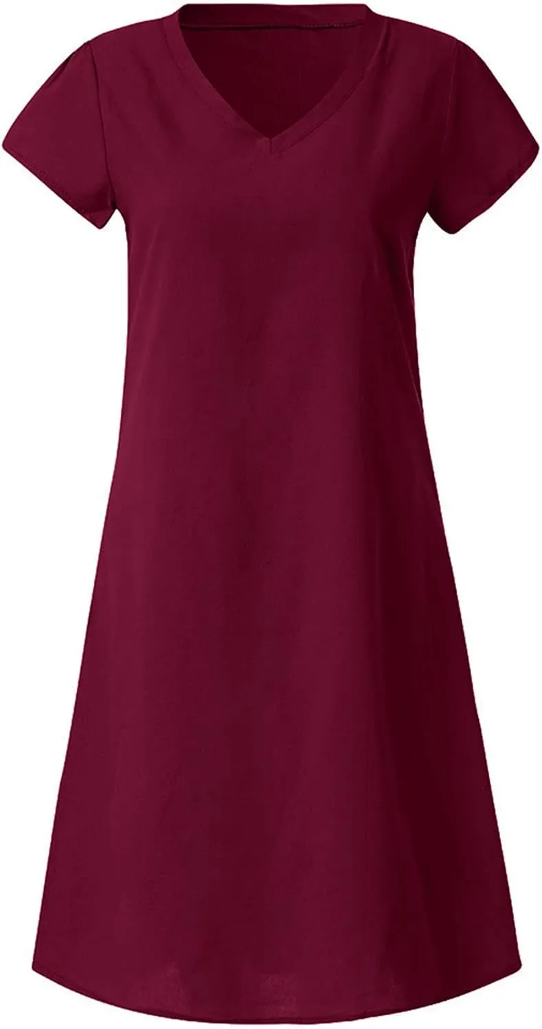 Womens Cotton Linen Midi Dress Summer Solid Color Short Sleeve V-Neck T-Shirt Plus Size Casual Flowy Beach Dress