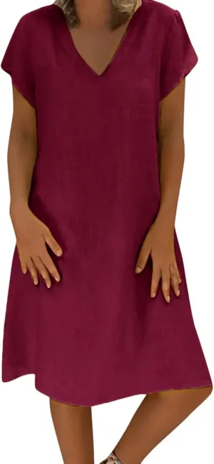 Womens Cotton Linen Midi Dress Summer Solid Color Short Sleeve V-Neck T-Shirt Plus Size Casual Flowy Beach Dress