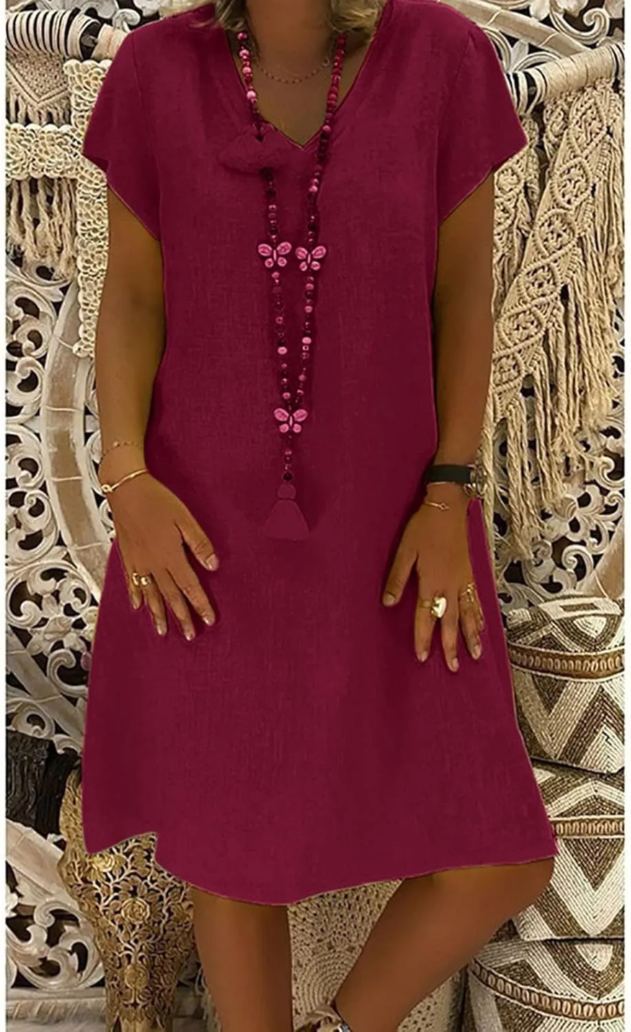 Womens Cotton Linen Midi Dress Summer Solid Color Short Sleeve V-Neck T-Shirt Plus Size Casual Flowy Beach Dress