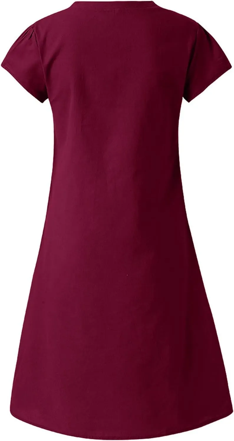 Womens Cotton Linen Midi Dress Summer Solid Color Short Sleeve V-Neck T-Shirt Plus Size Casual Flowy Beach Dress