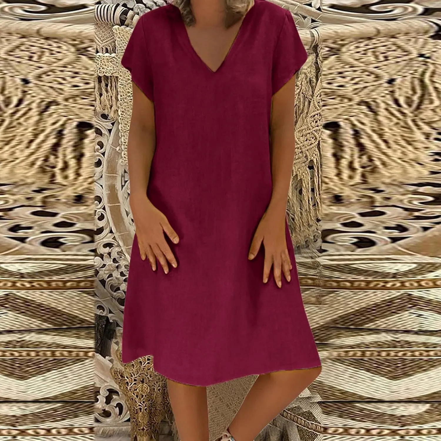 Womens Cotton Linen Midi Dress Summer Solid Color Short Sleeve V-Neck T-Shirt Plus Size Casual Flowy Beach Dress