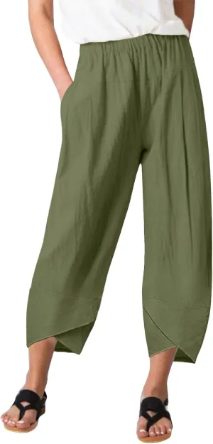 Women's Cotton Linen Summer Cropped Palazzo Pants Elastic Waisted Straight Plus Size Trouser Work Business