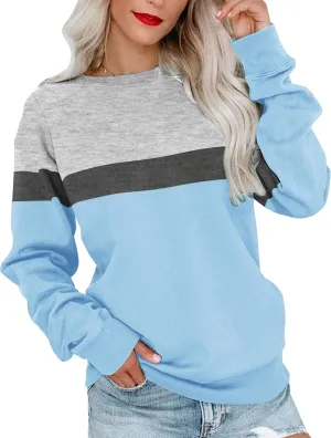 Womens Crew Neck Sweatshirt Colorblock Pullover Tops Casual Splicing Long Sleeve Lightweight Blouse Tee