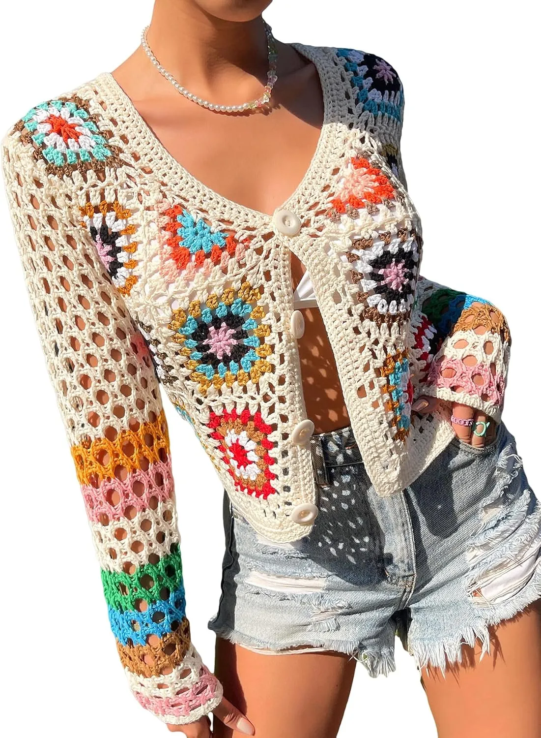 Women's Crochet Floral Pattern Long Sleeve Lightweight Button Front Knit Cardigan