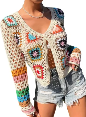 Women's Crochet Floral Pattern Long Sleeve Lightweight Button Front Knit Cardigan