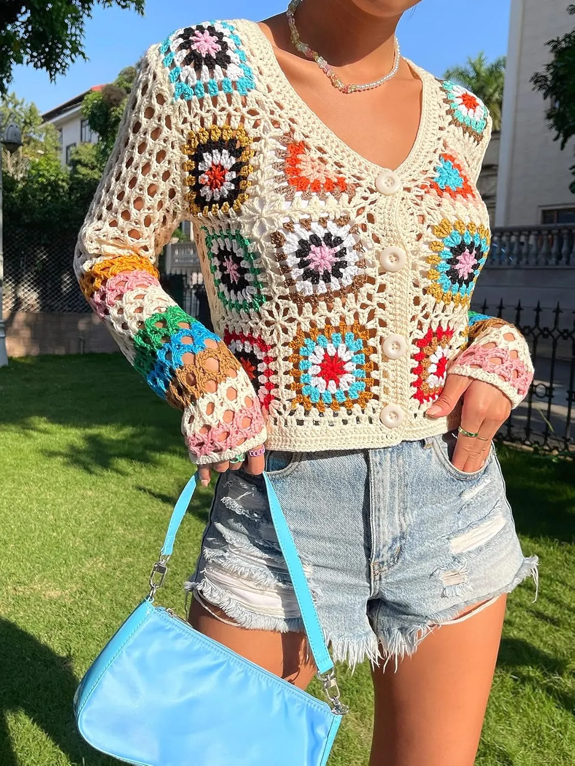 Women's Crochet Floral Pattern Long Sleeve Lightweight Button Front Knit Cardigan