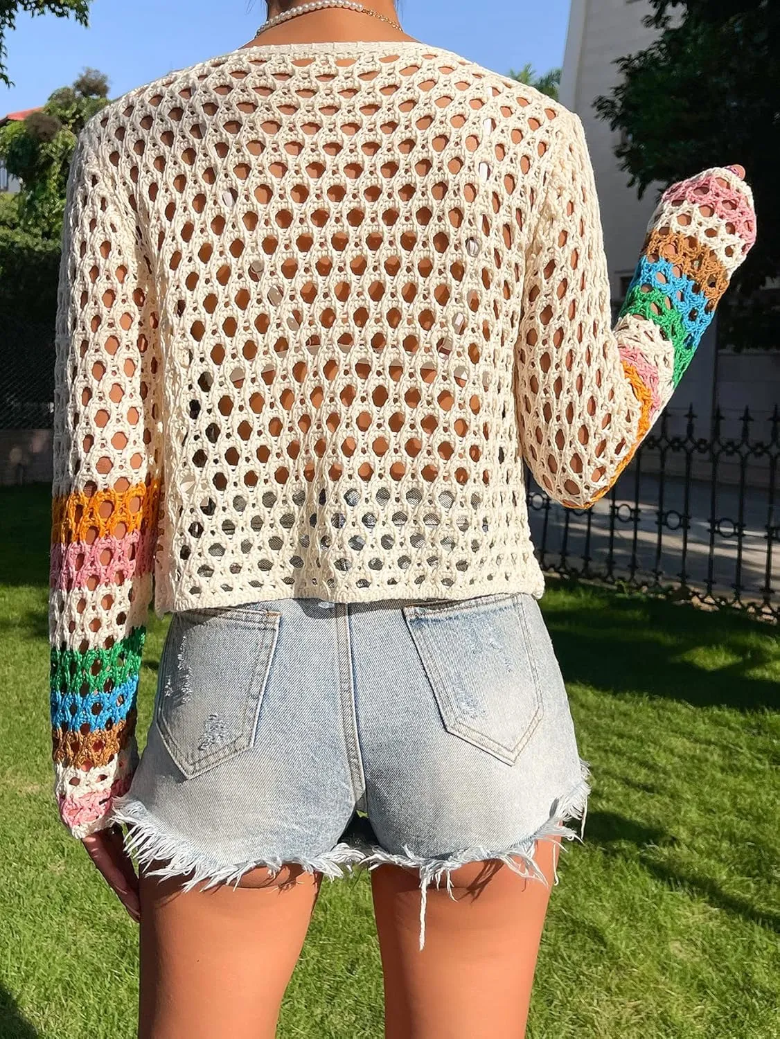 Women's Crochet Floral Pattern Long Sleeve Lightweight Button Front Knit Cardigan