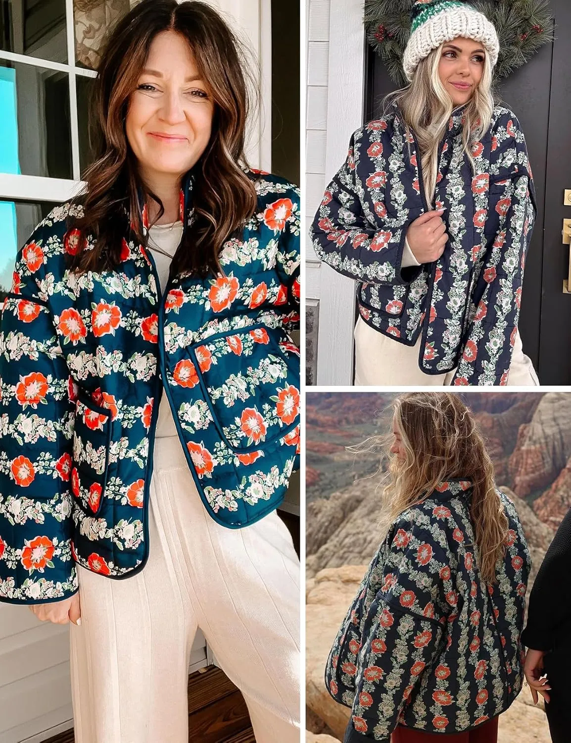 Women's Cropped Quilted Jacket Floral Print Puffer Jackets Lightweight Long Sleeve Warm Puffy Cardigan Coat 2024 Trendy