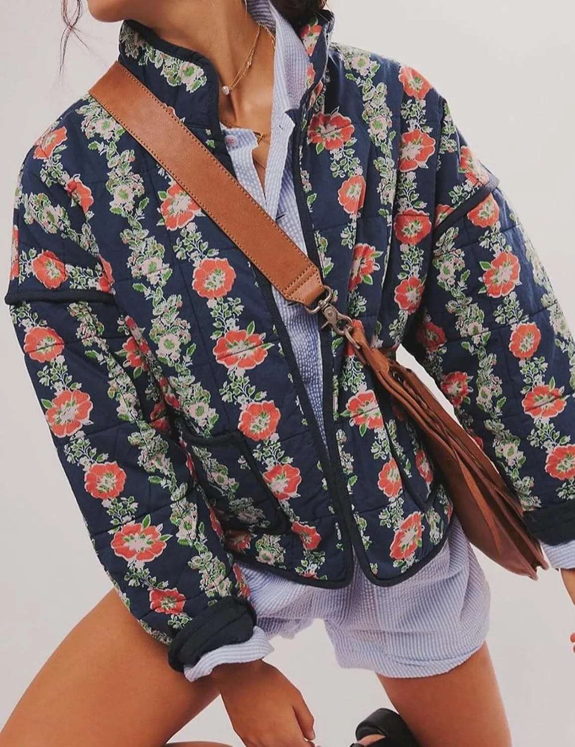 Women's Cropped Quilted Jacket Floral Print Puffer Jackets Lightweight Long Sleeve Warm Puffy Cardigan Coat 2024 Trendy