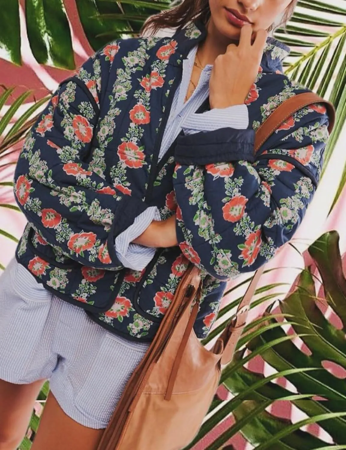 Women's Cropped Quilted Jacket Floral Print Puffer Jackets Lightweight Long Sleeve Warm Puffy Cardigan Coat 2024 Trendy