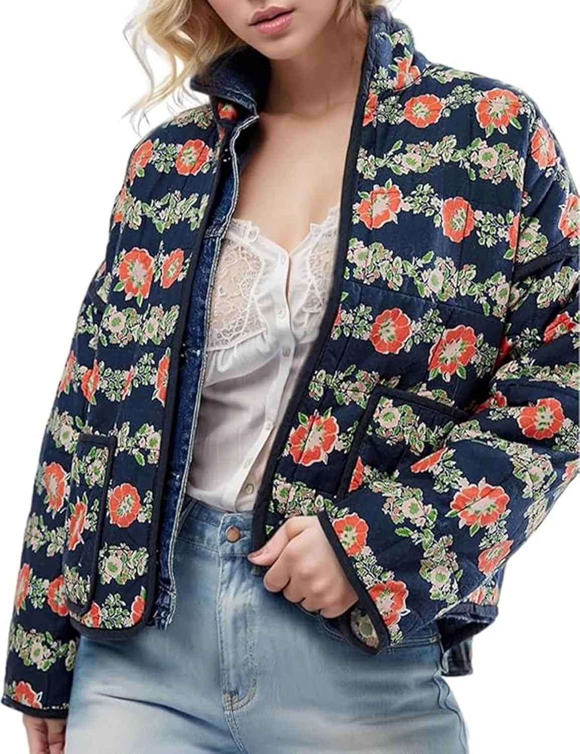 Women's Cropped Quilted Jacket Floral Print Puffer Jackets Lightweight Long Sleeve Warm Puffy Cardigan Coat 2024 Trendy