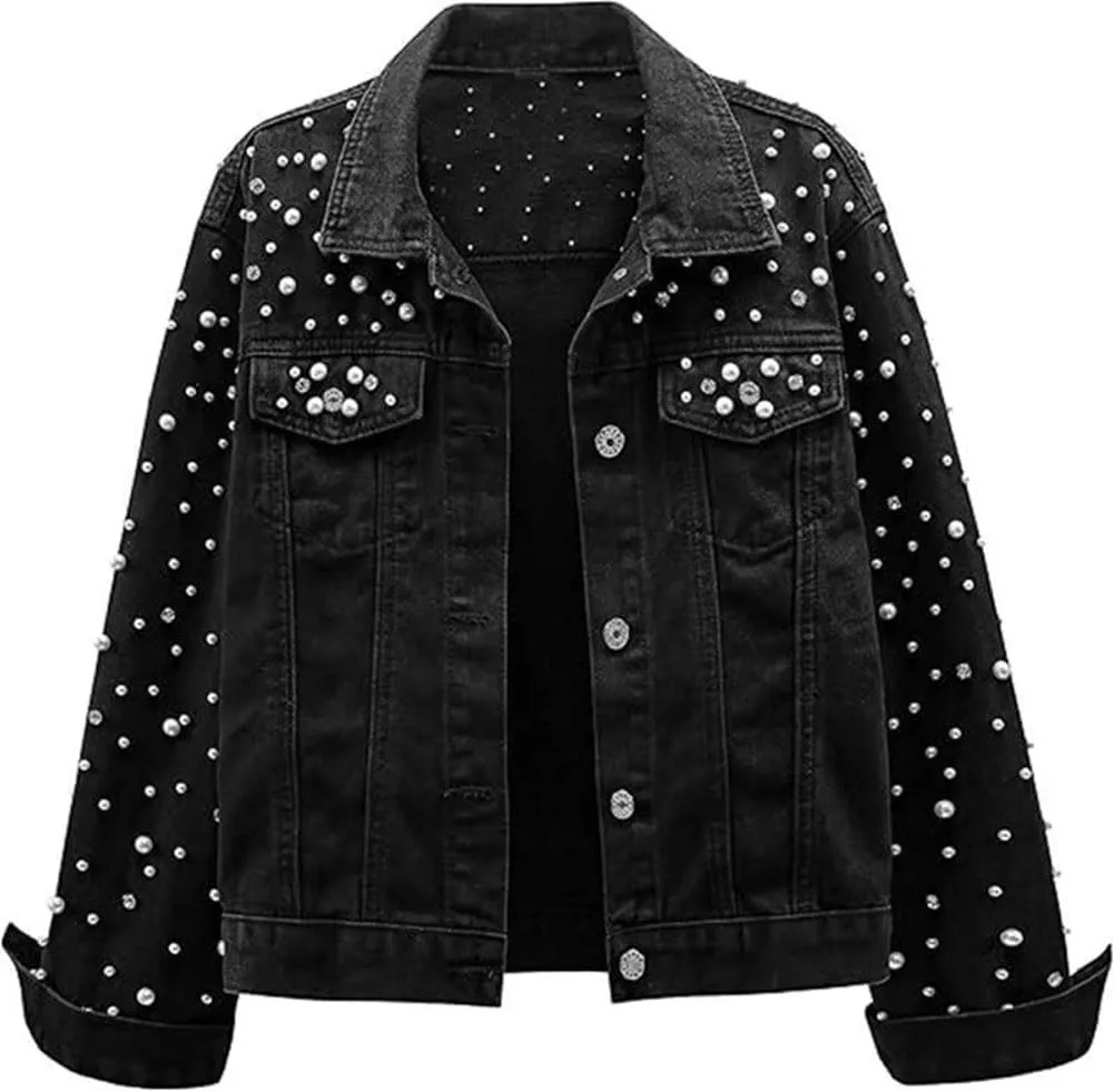 Womens Denim Jacket Rhinestone Pearl Relaxed Fit Cropped Button Down Jean Jacket