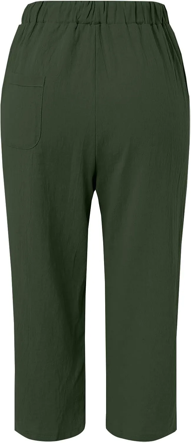Womens Drawstring Waist Cotton Linen Pants Loose Casual Solid Color Trousers Summer Lightweight Pant with Pockets