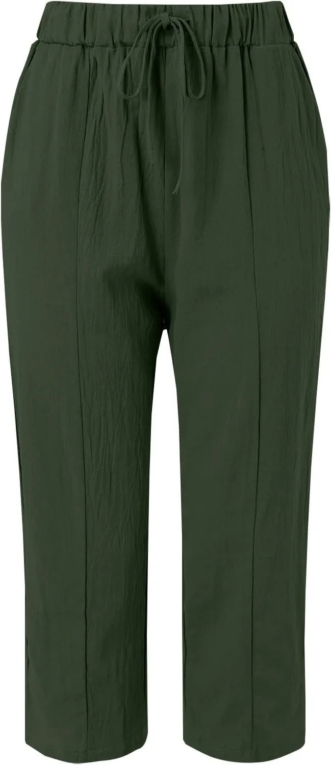 Womens Drawstring Waist Cotton Linen Pants Loose Casual Solid Color Trousers Summer Lightweight Pant with Pockets