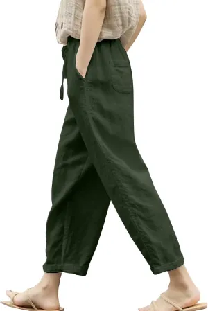 Womens Drawstring Waist Cotton Linen Pants Loose Casual Solid Color Trousers Summer Lightweight Pant with Pockets