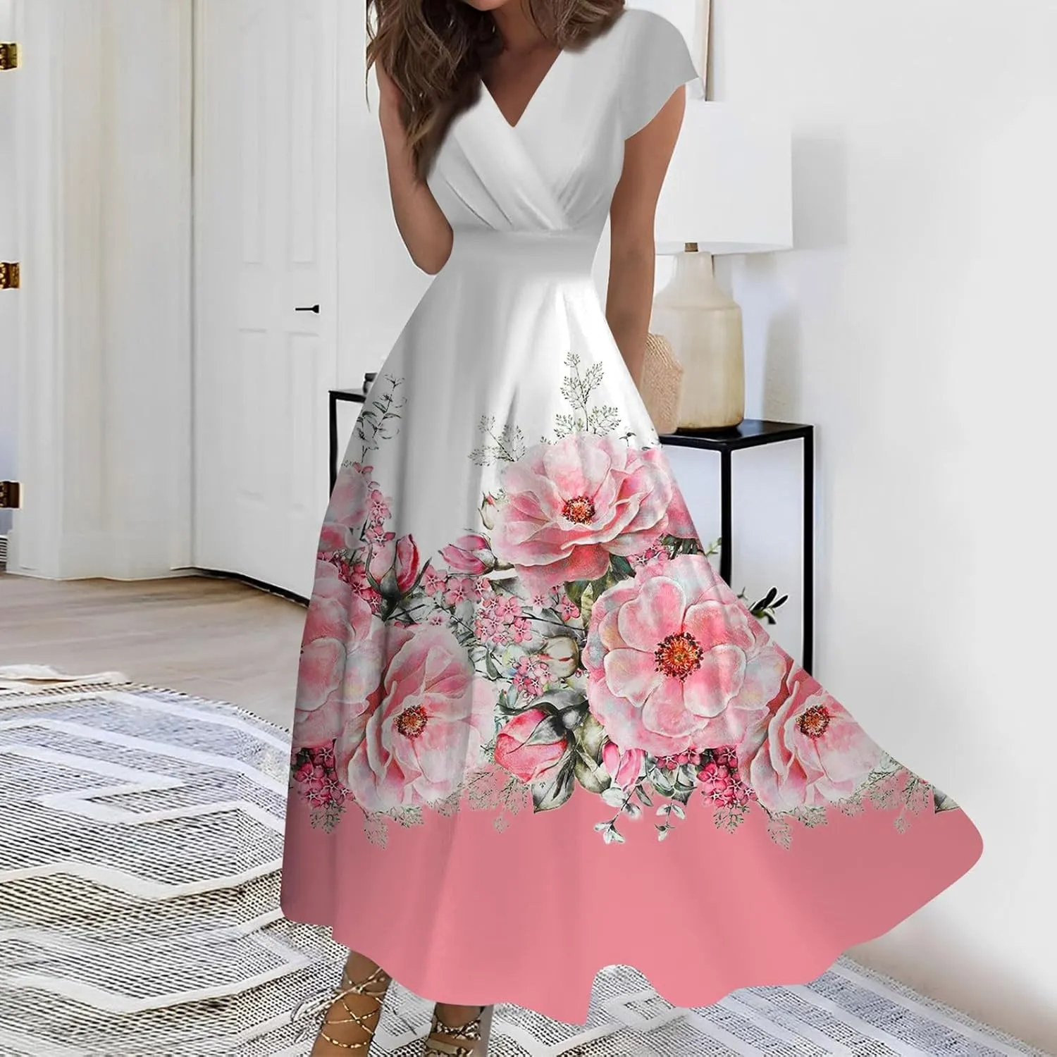 Womens Dresses Floral Print Flowy Long Dresses Cap Sleeve Wrap V Neck Sundresses Elegant Swing Beach Dress