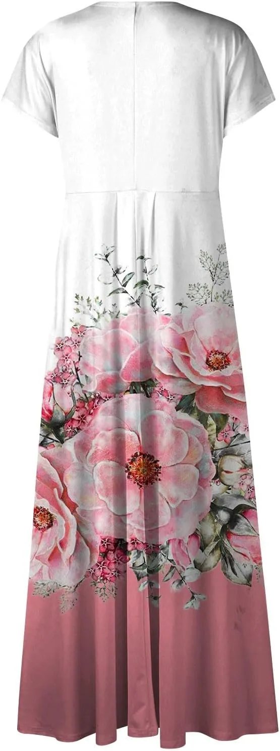 Womens Dresses Floral Print Flowy Long Dresses Cap Sleeve Wrap V Neck Sundresses Elegant Swing Beach Dress