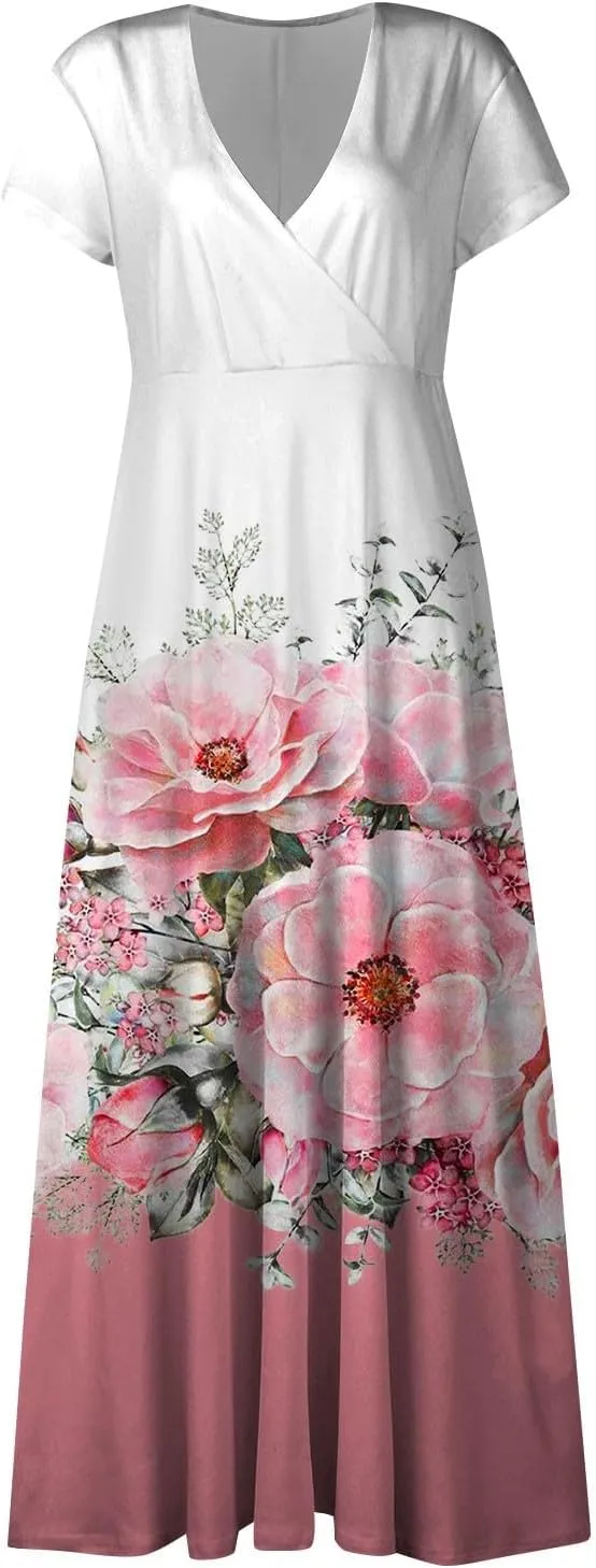 Womens Dresses Floral Print Flowy Long Dresses Cap Sleeve Wrap V Neck Sundresses Elegant Swing Beach Dress