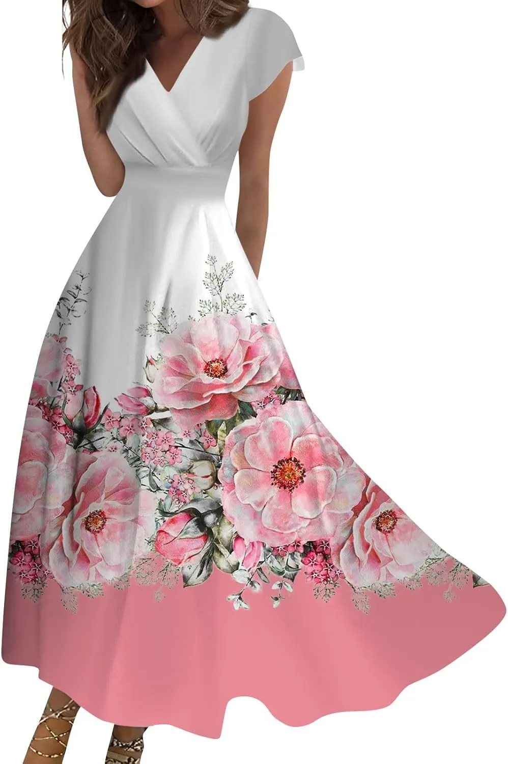 Womens Dresses Floral Print Flowy Long Dresses Cap Sleeve Wrap V Neck Sundresses Elegant Swing Beach Dress