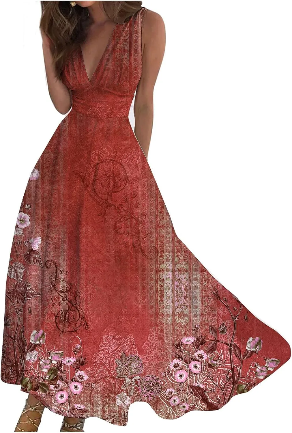 Womens Dresses Floral Print Wrap V Neck Sundresses Flowy Ruched Sleeveless Boho Dress Spring Beach Dress
